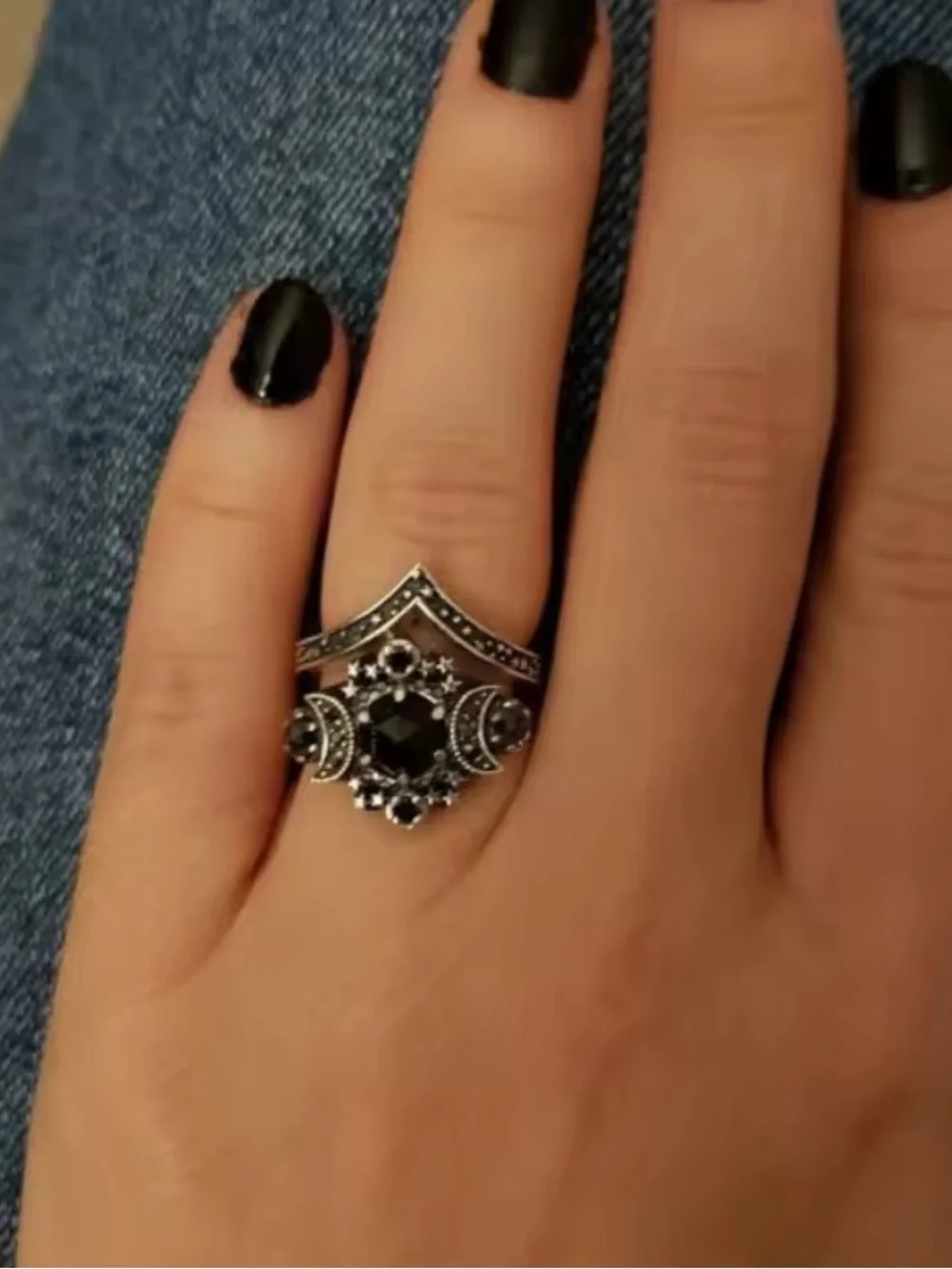 Vintage Celestial Black Stone Ring Set